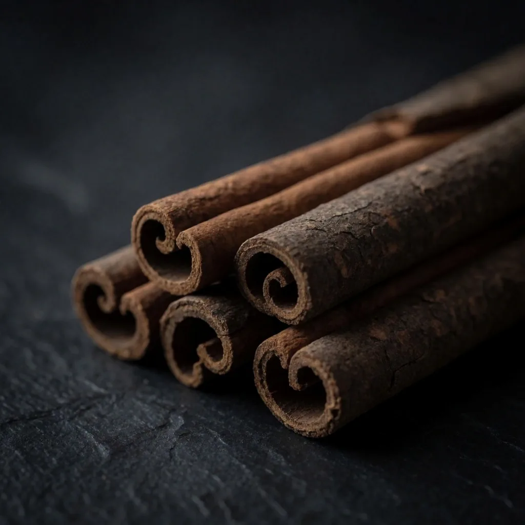 Cinnamon bark macro detail on dark surface